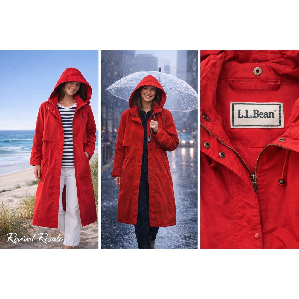 L.L.Bean Red Hooded Rain Coat Petite Small Preppy Coastal Classic Lightweight